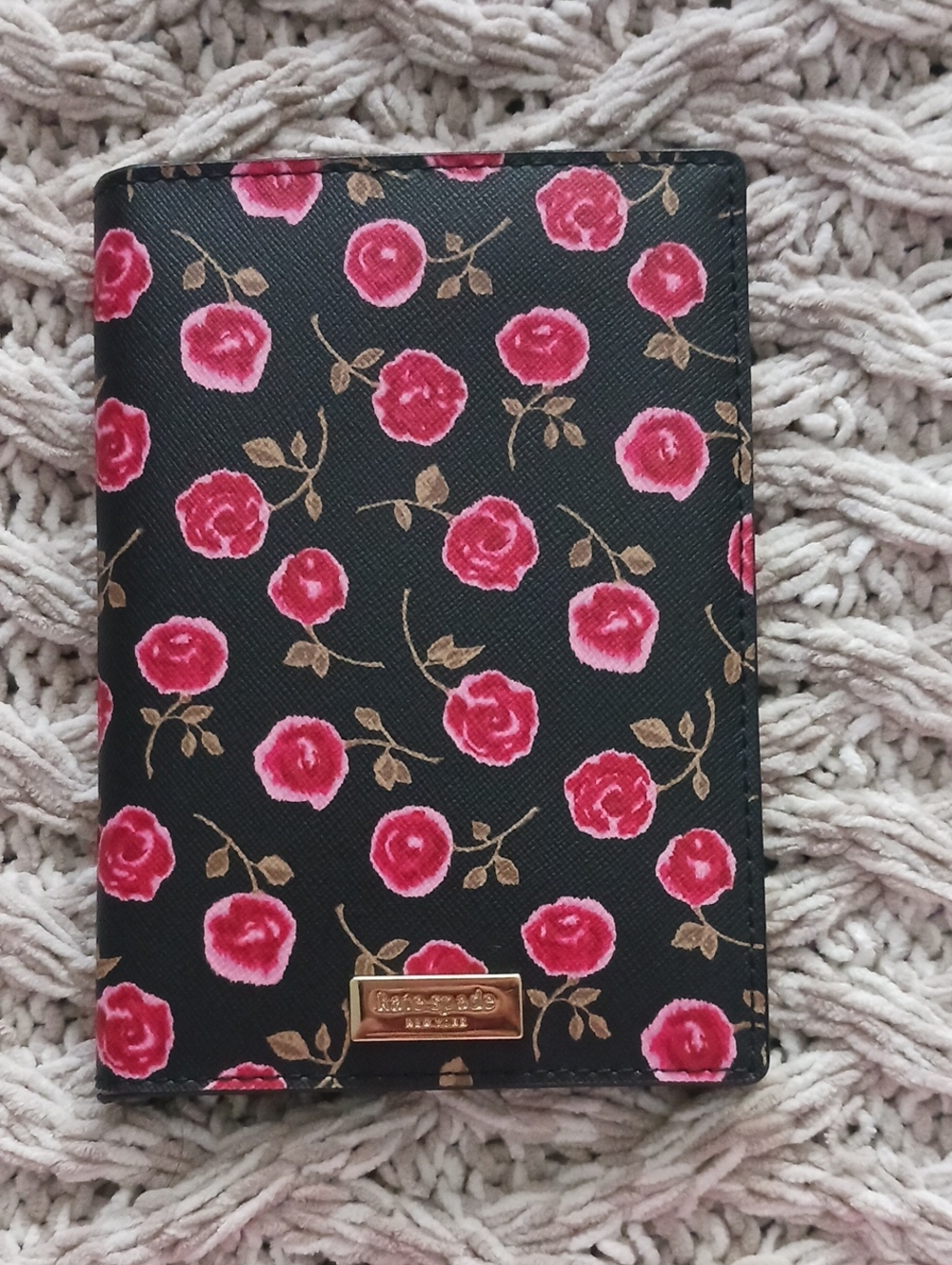Kate Spade Floral Passport Wallet - Black with Pink Roses